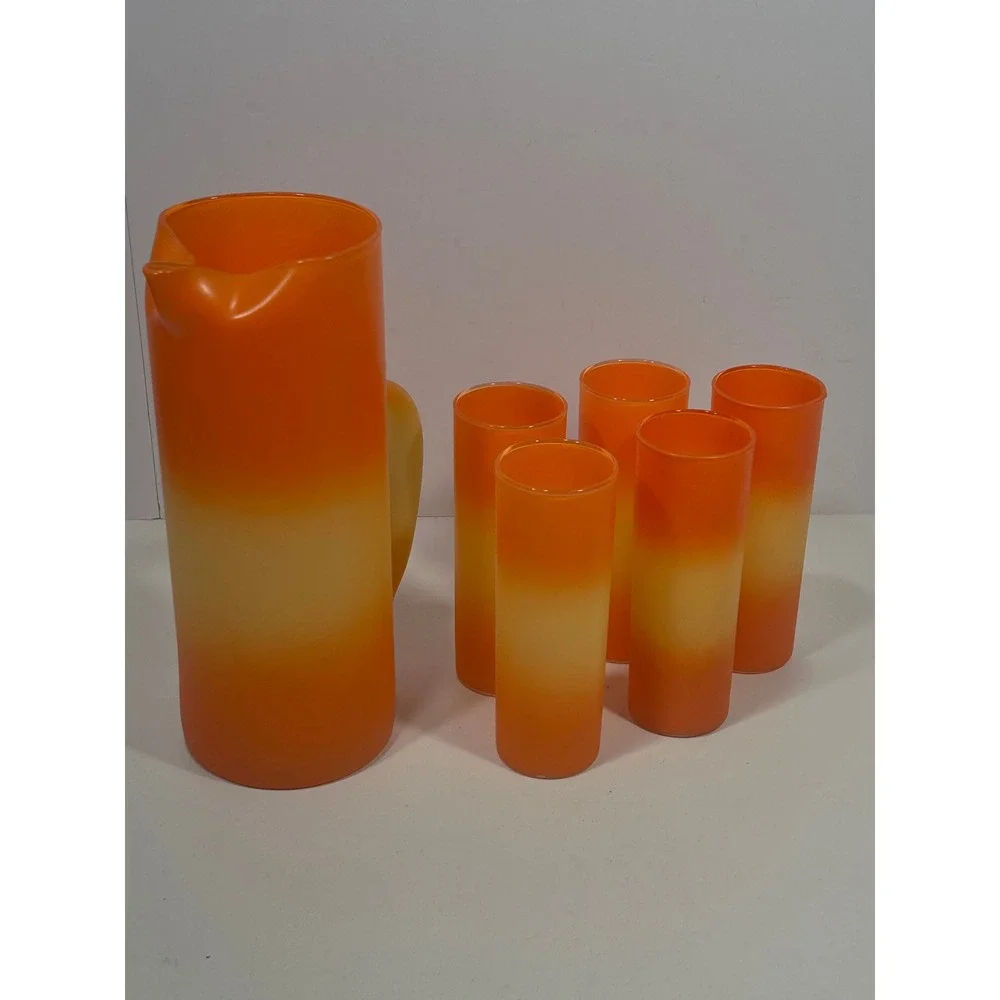 Blendo Candy corn halloween Frosted Ombre Glass Pitcher 5 Tumbler Set MCM orange